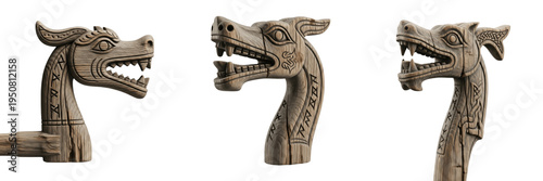Set of ancient Viking dragon head wood carvings and decorative Norse ship prow ornaments isolated on white transparent png background