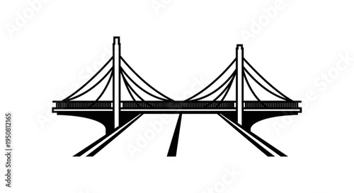 Cable stayed bridge with two towers and suspension cables on a white background road infrastructure