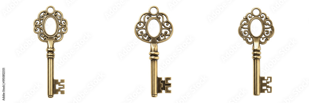 Fototapeta premium Set of vintage ornate brass skeleton keys and antique decorative metal door lock tools collection isolated on white transparent png background