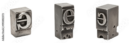 Set of vintage metal letterpress blocks with lowercase letter e printing type collection isolated on white transparent png background