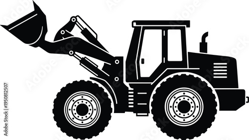 WebFront end loader vector silhouette, heavy construction equipment icon, industrial bulldozer machinery, wheel loader illustration for building and civil engineering.