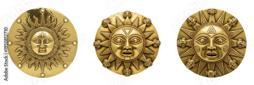 Photos Set of ancient golden sun face ornaments with divine celestial engravings isolat