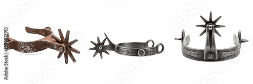 Set of vintage cowboy spurs and antique western metal equestrian rowels collection isolated on white transparent png background