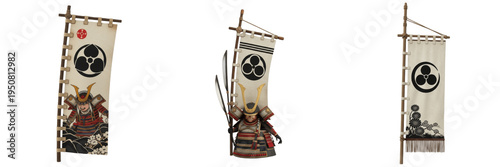 Fotografie Collection of traditional Japanese samurai warrior armor and sashimono war flags