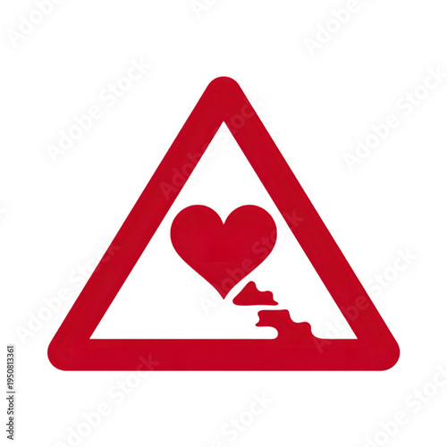 Red heartbreak symbol on triangle sign isolated on transparent background.