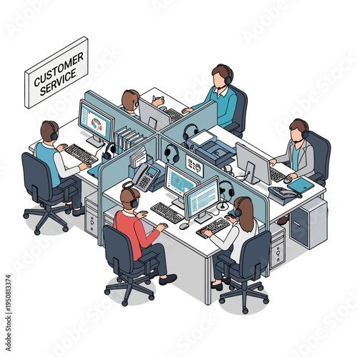 Isometric illustration of a customer service center with multiple employees assisting clients.