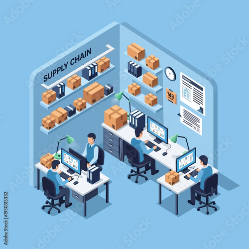 Isometric illustration of a supply chain office with workers managing logistics and inventory.