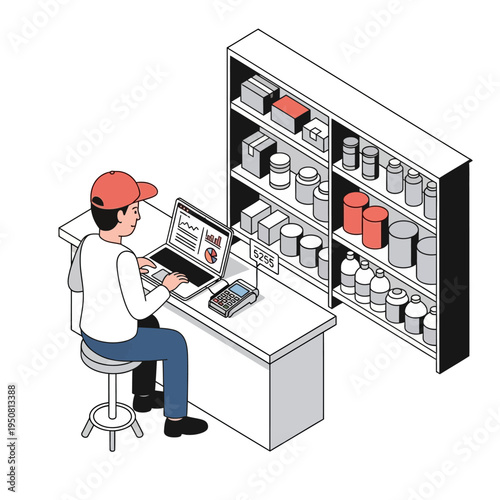 A person working on a laptop at a pharmacy counter, surrounded by shelves of products.