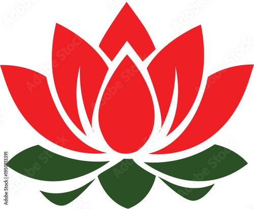 Vibrant and elegant red lotus flower illustration with green leaves, symbolizing purity, spiritual growth, and tranquility. 