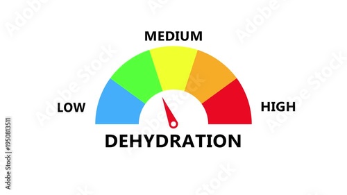 Dehydration level gauge showing fluid loss condition with dynamic semicircle arc and needle indicator in modern digital healthcare monitoring dashboard transparent background 4k visuals