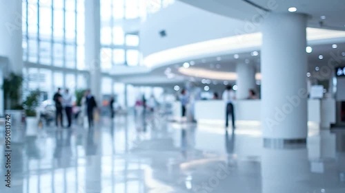 Blurred modern interior of a spacious building lobby with people walking