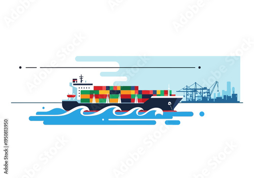 A large cargo ship carrying colorful containers sails across the ocean towards a harbor with cranes and buildings