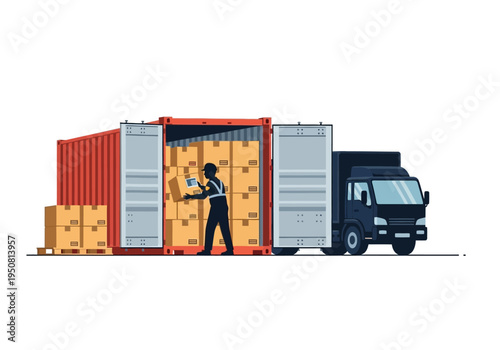 Logistics and cargo loading into a shipping container for global distribution and supply chain management