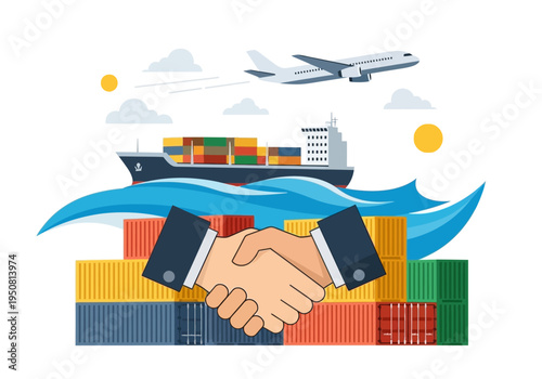 Global shipping and logistics partnership, handshake over containers with cargo ship and airplane