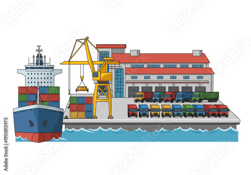 Container Ship Docked at Port with Cranes, Trucks, and Warehouse