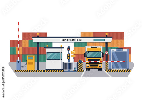 Logistics and freight checkpoint with truck, shipping containers, security booth, and barriers for export and import operations