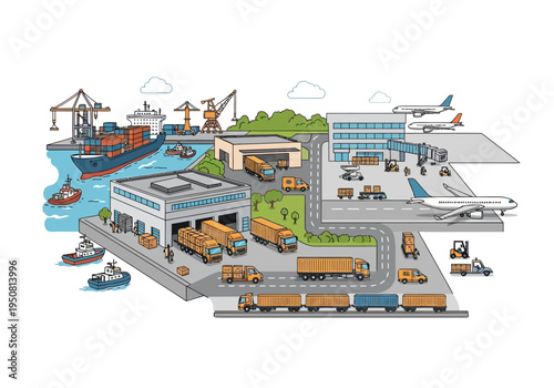 Global logistics and freight transportation network with cargo ships, trucks, trains, and airplanes