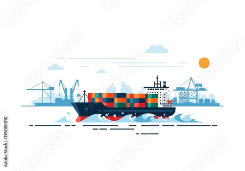 Container ship transporting goods across the ocean near a busy port with cranes in the background