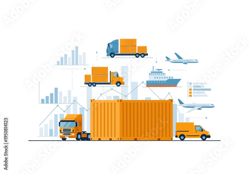 Global shipping and logistics illustration showing transportation of goods via truck, ship, and airplane