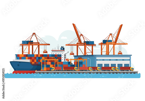 Container Ship Docked at Port with Cranes and Trains for Global Logistics and Cargo Transportation