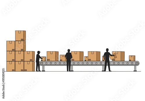 Warehouse workers loading boxes onto a conveyor belt for delivery and shipping logistics