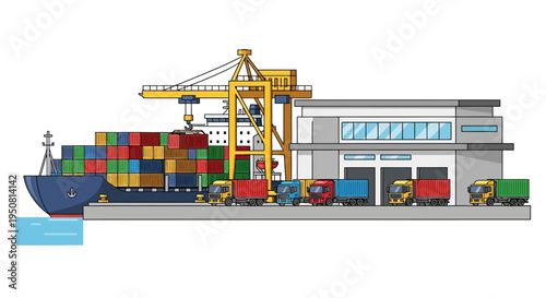 Container Ship Docked at Port with Trucks and Warehouse for Logistics and Shipping Operations