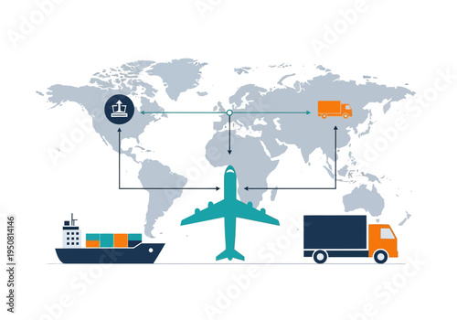 Global shipping and logistics network connecting continents via air, sea, and land transportation