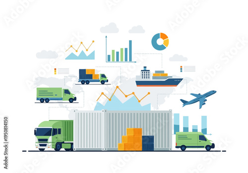 Global logistics and supply chain management illustration with trucks, ships, planes, and charts
