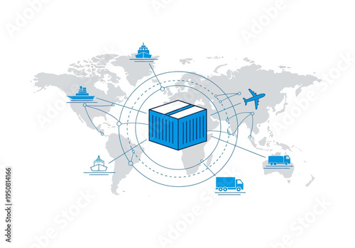 Global logistics and shipping container network connecting continents and transportation modes