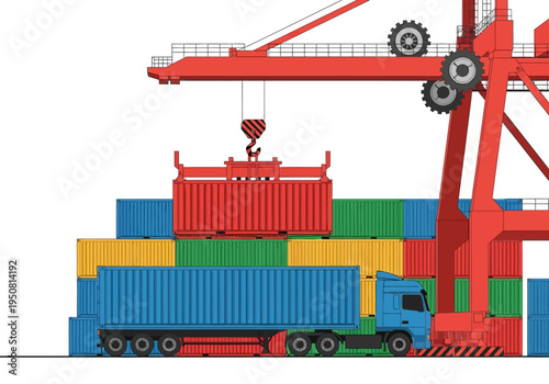 Shipping crane loading a container onto a truck at a port