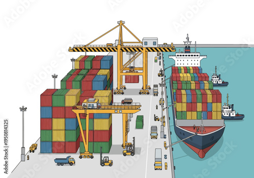 Vibrant shipping containers stacked high at a busy port with cranes loading a large cargo ship