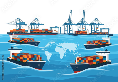 Global shipping and logistics illustrated with cargo ships and cranes against a world map backdrop