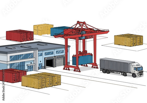 Industrial port logistics with cargo containers, truck, and gantry crane for global shipping and delivery