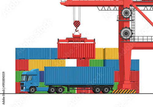 Shipping containers being loaded onto a truck by a crane at a port or terminal