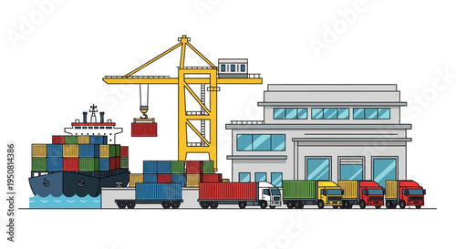 Logistics and shipping industry containers, trucks, and cargo ship at port