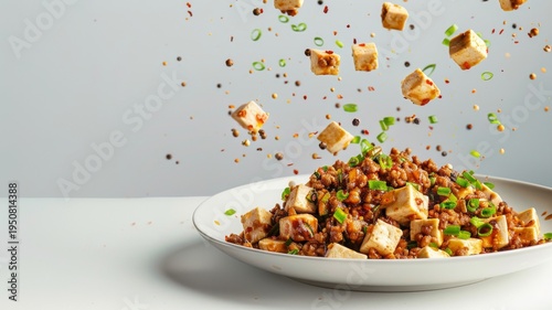 Mapo tofu dish with flying ingredients like tofu cubes and green onions over a white plate.