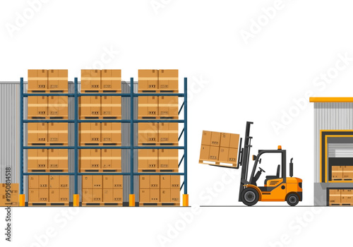 Warehouse storage and logistics with a forklift transporting a box to a loading dock