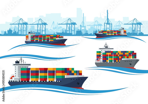 Shipping containers being transported by cargo ships in a busy industrial port with cranes in the background