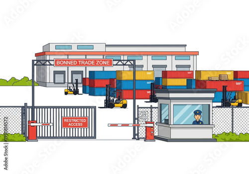 Secure port or industrial zone entrance with security guard, forklifts, and shipping containers