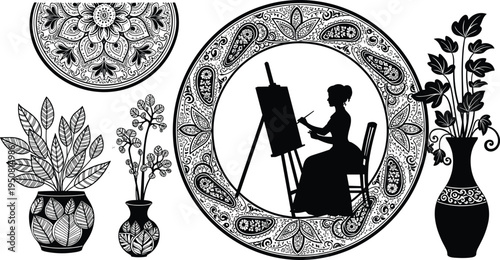Black and white silhouette set featuring artist painting on easel in floral frame mandala pattern potted plants and decorative vases for creative design