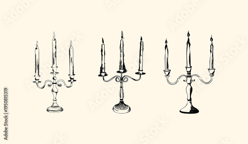 Hand drawn candle illustration. Vintage chandelier sketch. Candle clip art. Candle doodle. Line art, ink, minimalist style. Candles burning. Candelabra and candlestick. Ink sketch set isolated. Retro