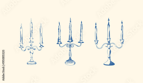 Hand drawn candle illustration. Vintage chandelier sketch. Candle clip art. Candle doodle. Line art, ink, minimalist style. Candles burning. Candelabra and candlestick. Ink sketch set isolated. Retro