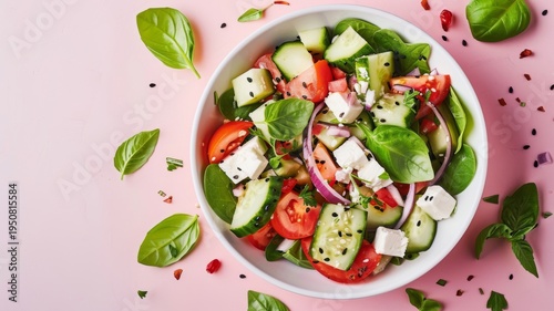 Fresh greek salad with feta cheese and vegetables in a white bowl served on a soft pastel pink background with scattered basil leaves and black sesame seeds