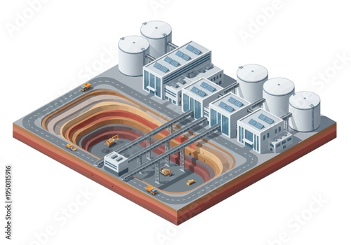 Industrial mining complex with conveyor belts and storage tanks, representing resource extraction and heavy industry