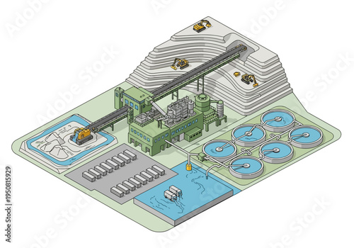 Industrial mining processing plant with extraction, refinement, and waste management systems