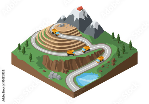 Mining operations with trucks on winding roads leading to a quarry on a mountain with snow-capped peaks and a lake