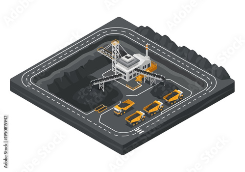 Industrial coal mining operation with trucks and conveyor belts in an open-pit mine