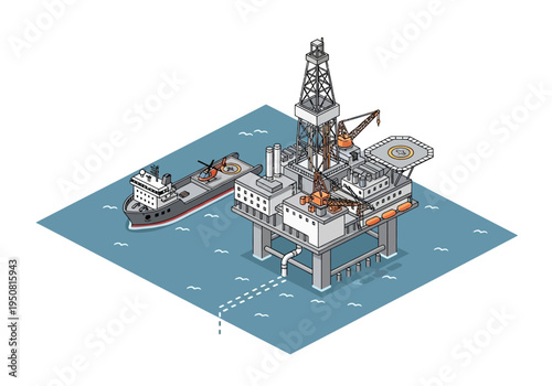 Offshore oil rig and tanker ship in the ocean, isometric view