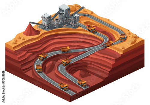 Industrial mining operation with heavy machinery and trucks in a quarry
