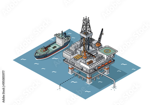 Offshore drilling platform and supply ship on the ocean, industrial energy extraction
